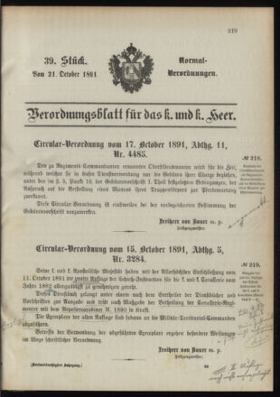 Verordnungsblatt für das Kaiserlich-Königliche Heer 18911021 Seite: 1