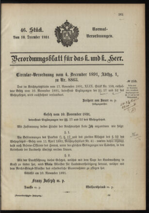 Verordnungsblatt für das Kaiserlich-Königliche Heer 18911210 Seite: 1