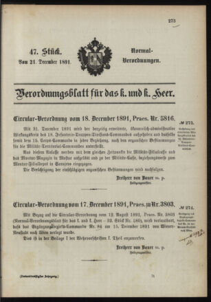 Verordnungsblatt für das Kaiserlich-Königliche Heer 18911221 Seite: 1