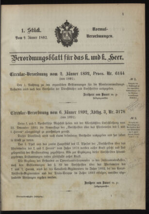 Verordnungsblatt für das Kaiserlich-Königliche Heer 18920109 Seite: 1