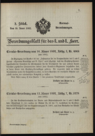 Verordnungsblatt für das Kaiserlich-Königliche Heer 18920116 Seite: 1