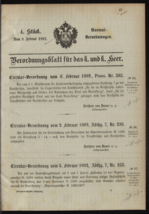 Verordnungsblatt für das Kaiserlich-Königliche Heer 18920209 Seite: 1