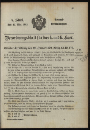 Verordnungsblatt für das Kaiserlich-Königliche Heer 18920312 Seite: 1