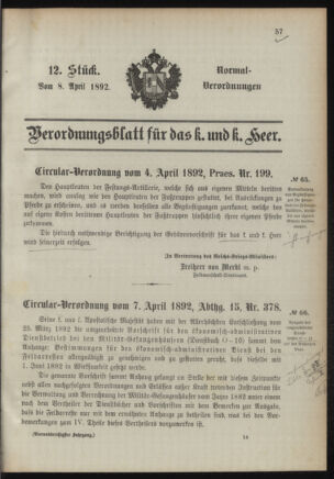 Verordnungsblatt für das Kaiserlich-Königliche Heer 18920408 Seite: 1