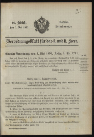 Verordnungsblatt für das Kaiserlich-Königliche Heer 18920507 Seite: 1