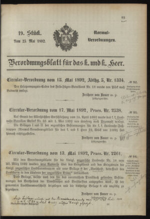 Verordnungsblatt für das Kaiserlich-Königliche Heer 18920525 Seite: 1