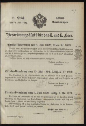 Verordnungsblatt für das Kaiserlich-Königliche Heer 18920609 Seite: 1