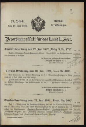 Verordnungsblatt für das Kaiserlich-Königliche Heer 18920628 Seite: 1