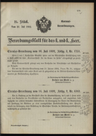 Verordnungsblatt für das Kaiserlich-Königliche Heer 18920721 Seite: 1