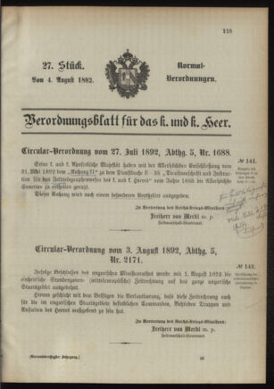 Verordnungsblatt für das Kaiserlich-Königliche Heer 18920804 Seite: 1