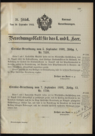 Verordnungsblatt für das Kaiserlich-Königliche Heer 18920910 Seite: 1