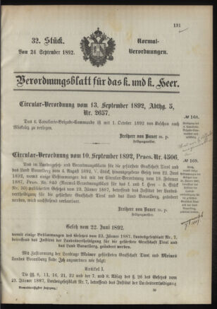 Verordnungsblatt für das Kaiserlich-Königliche Heer 18920924 Seite: 1