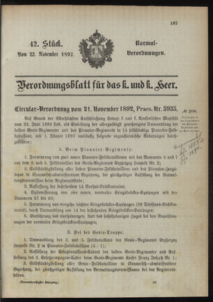 Verordnungsblatt für das Kaiserlich-Königliche Heer 18921122 Seite: 1