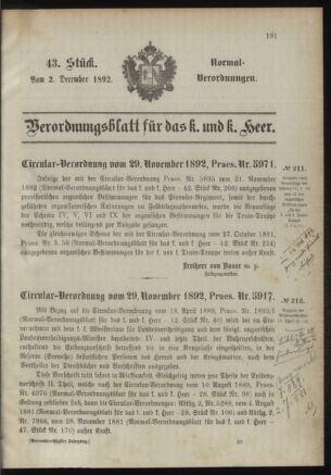 Verordnungsblatt für das Kaiserlich-Königliche Heer 18921202 Seite: 1