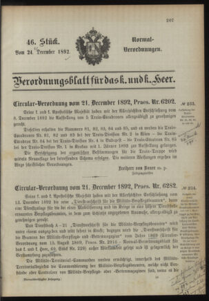 Verordnungsblatt für das Kaiserlich-Königliche Heer 18921224 Seite: 1