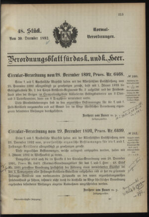 Verordnungsblatt für das Kaiserlich-Königliche Heer 18921230 Seite: 1