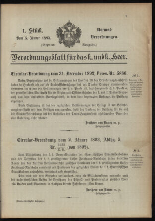 Verordnungsblatt für das Kaiserlich-Königliche Heer 18930105 Seite: 1