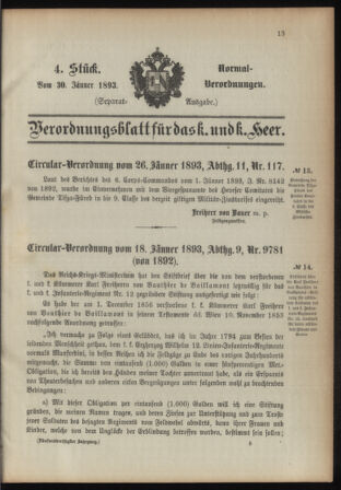 Verordnungsblatt für das Kaiserlich-Königliche Heer 18930130 Seite: 1