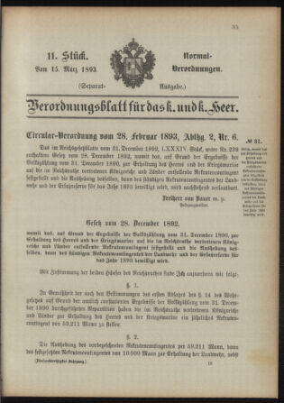 Verordnungsblatt für das Kaiserlich-Königliche Heer 18930315 Seite: 131