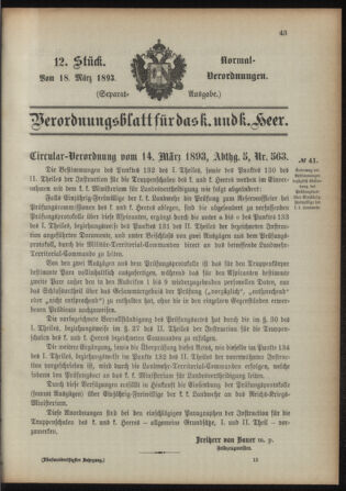 Verordnungsblatt für das Kaiserlich-Königliche Heer 18930318 Seite: 1