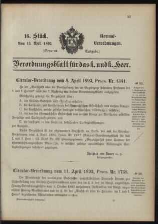 Verordnungsblatt für das Kaiserlich-Königliche Heer 18930415 Seite: 1