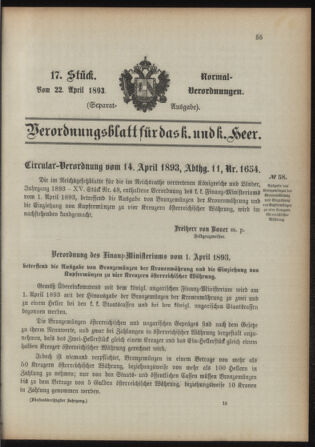 Verordnungsblatt für das Kaiserlich-Königliche Heer 18930422 Seite: 1