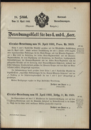 Verordnungsblatt für das Kaiserlich-Königliche Heer 18930427 Seite: 1