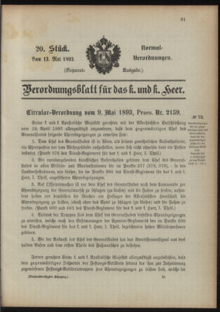 Verordnungsblatt für das Kaiserlich-Königliche Heer 18930513 Seite: 1