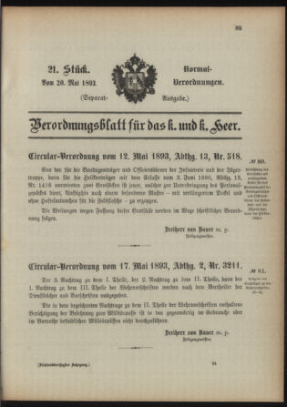 Verordnungsblatt für das Kaiserlich-Königliche Heer 18930520 Seite: 1