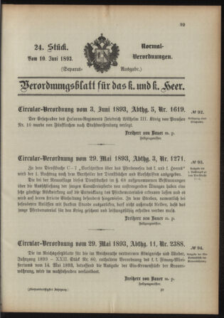 Verordnungsblatt für das Kaiserlich-Königliche Heer 18930610 Seite: 1