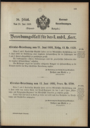 Verordnungsblatt für das Kaiserlich-Königliche Heer 18930628 Seite: 1