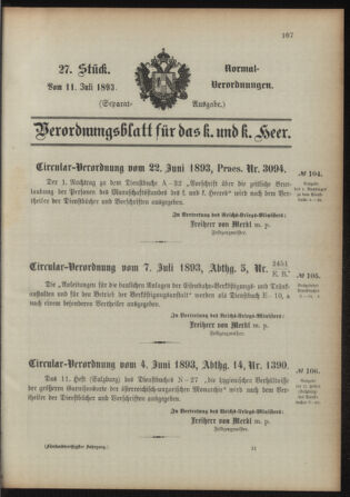 Verordnungsblatt für das Kaiserlich-Königliche Heer 18930711 Seite: 1