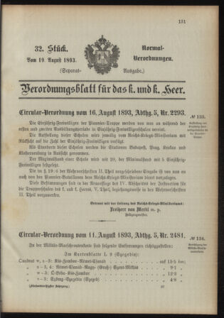 Verordnungsblatt für das Kaiserlich-Königliche Heer 18930819 Seite: 1