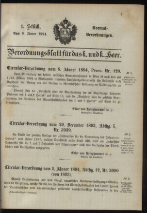 Verordnungsblatt für das Kaiserlich-Königliche Heer 18940109 Seite: 1