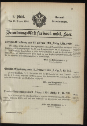 Verordnungsblatt für das Kaiserlich-Königliche Heer 18940215 Seite: 1