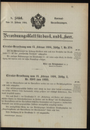 Verordnungsblatt für das Kaiserlich-Königliche Heer 18940221 Seite: 1