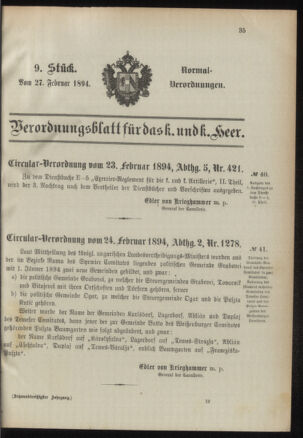 Verordnungsblatt für das Kaiserlich-Königliche Heer 18940227 Seite: 1