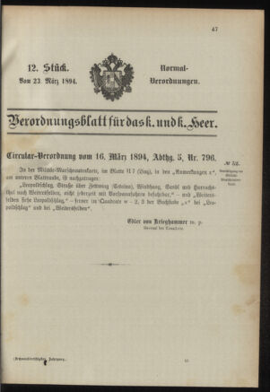 Verordnungsblatt für das Kaiserlich-Königliche Heer 18940323 Seite: 1