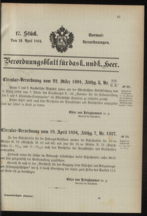 Verordnungsblatt für das Kaiserlich-Königliche Heer 18940426 Seite: 1