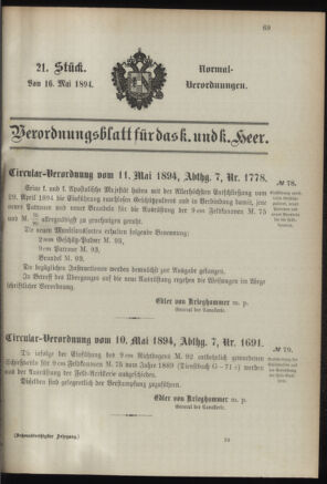 Verordnungsblatt für das Kaiserlich-Königliche Heer 18940516 Seite: 1