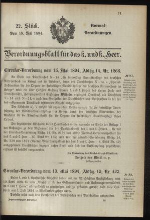 Verordnungsblatt für das Kaiserlich-Königliche Heer 18940519 Seite: 1