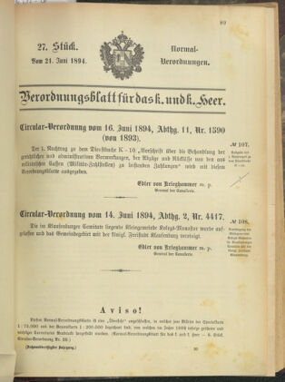 Verordnungsblatt für das Kaiserlich-Königliche Heer 18940621 Seite: 1