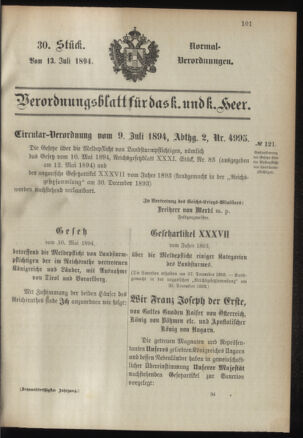 Verordnungsblatt für das Kaiserlich-Königliche Heer 18940713 Seite: 1