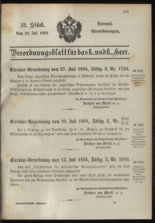 Verordnungsblatt für das Kaiserlich-Königliche Heer 18940728 Seite: 1