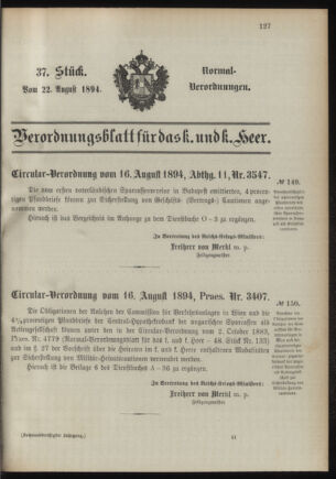 Verordnungsblatt für das Kaiserlich-Königliche Heer 18940822 Seite: 1