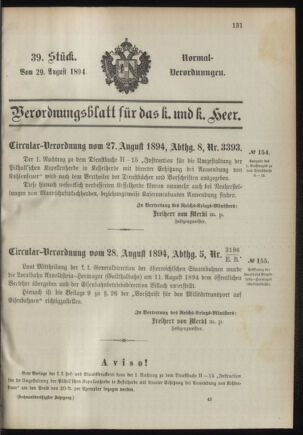 Verordnungsblatt für das Kaiserlich-Königliche Heer 18940829 Seite: 1