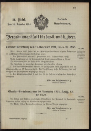 Verordnungsblatt für das Kaiserlich-Königliche Heer 18941122 Seite: 1