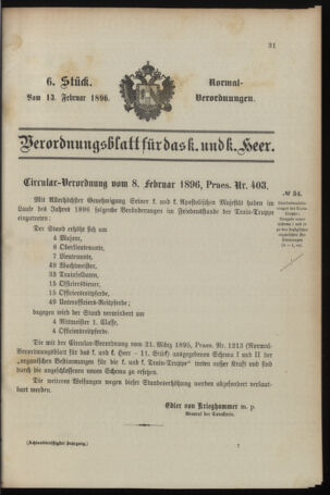 Verordnungsblatt für das Kaiserlich-Königliche Heer 18960213 Seite: 1