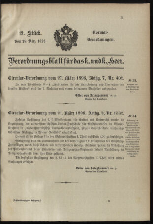 Verordnungsblatt für das Kaiserlich-Königliche Heer 18960328 Seite: 1