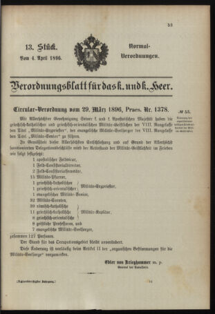 Verordnungsblatt für das Kaiserlich-Königliche Heer 18960404 Seite: 1